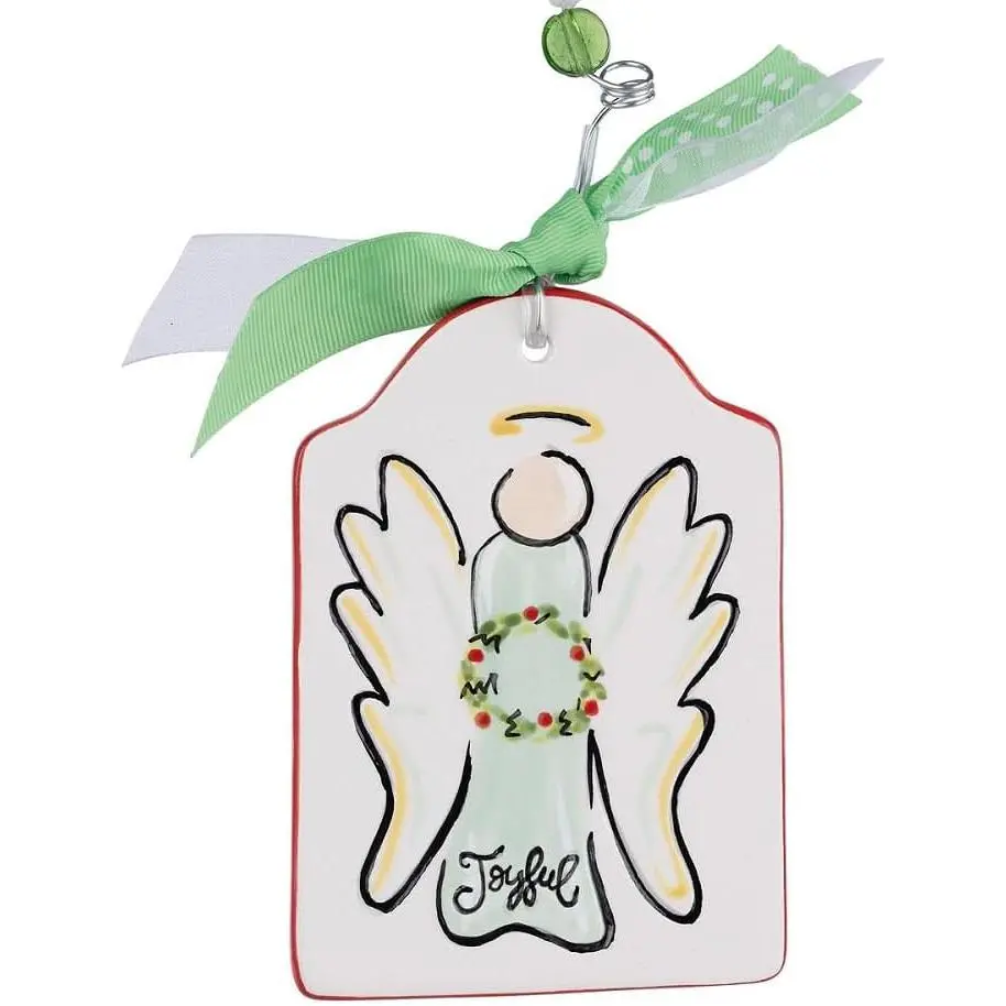 Hand-Painted Ceramic Flat Christmas Ornaments with Wire Hangers (Joyful Angel) - Festive Decor for Room, Desk Artwork