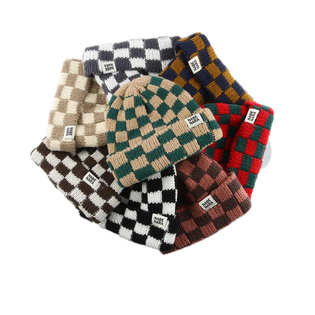 New Japanese Korean Winter Check Plaid Skullies Beanies Knit Hat for Women Ins Luxury Brand Y2k Bonnet Heavy Warm Hat Casual Cap