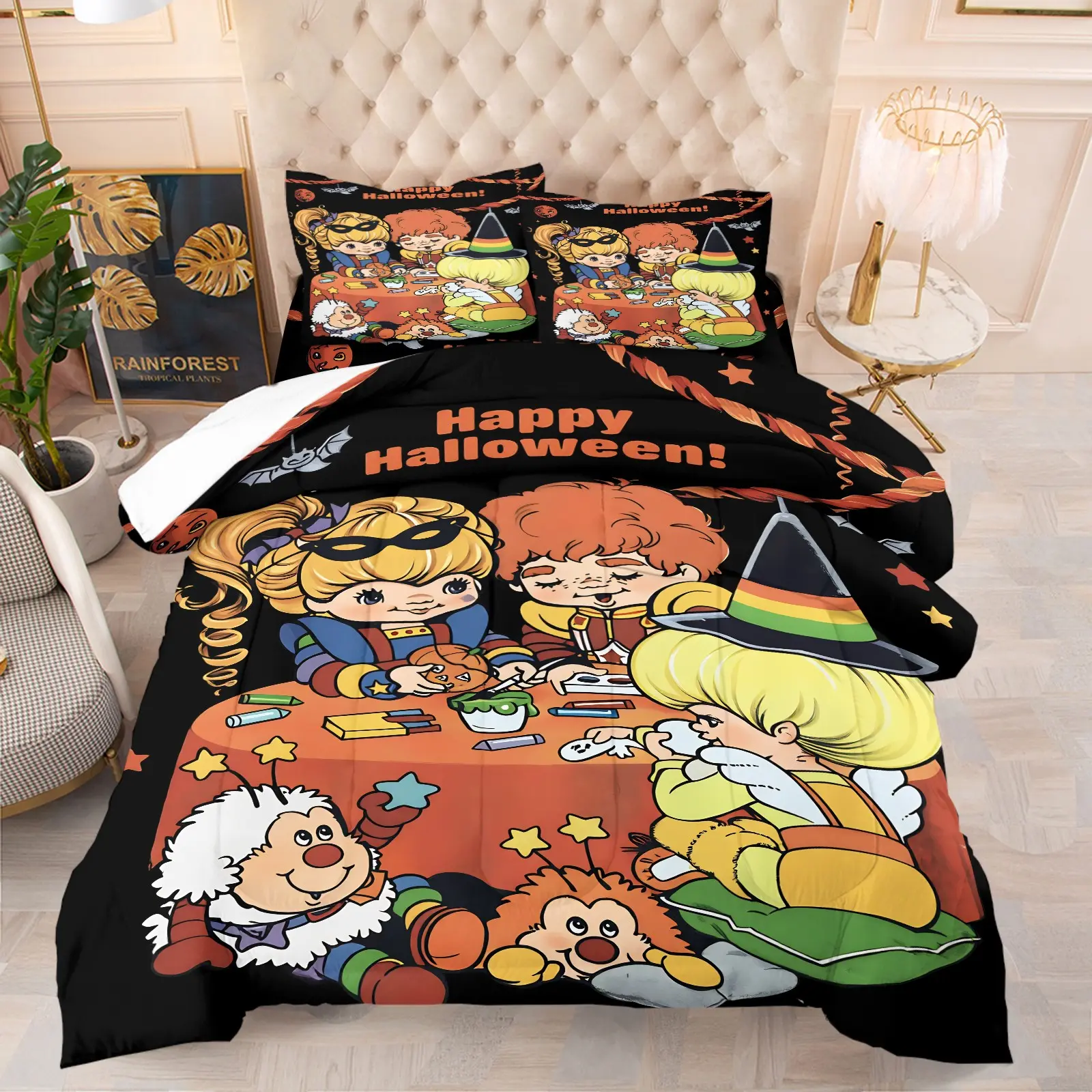 Black Background Rainbow Brite Happy Halloween Cartoon Comforter Set, Vintage Retro Cartoon Trick Or Treat Print, 1 Comforter + 1-2 Pillowcases, Soft Microfiber Washable Bedding, Retro Cartoon Halloween All Season Bedroom Quilt Set