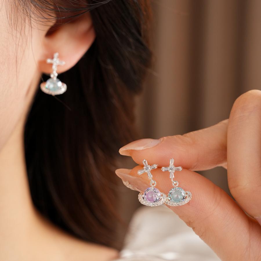 925 Silver Needle Cross Saturn Earrings | Minimalist Cool Style Zircon Planet Earrings Luxury Jewelry