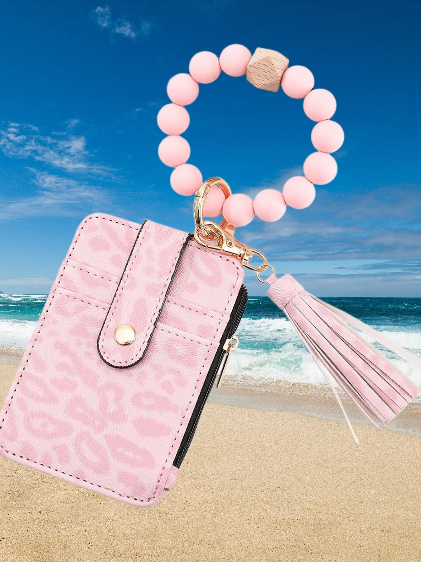 Leopard Beaded Wristlet Card Holder with Card Slots, Boho Style Beaded & Tassel Decor Keychain, Fashionable Silicone Keychain for Women & Girls, Card Id Holder