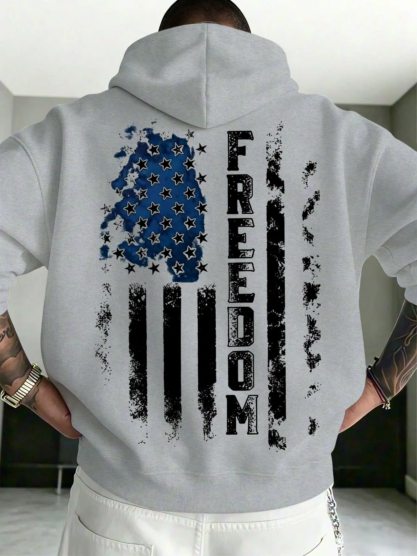 American Vintage Hooded Sweatshirt, Vertical Free Letter Flag Print, Warm Drawstring with Pockets, Men's Streetwear Top, Fall & Winter