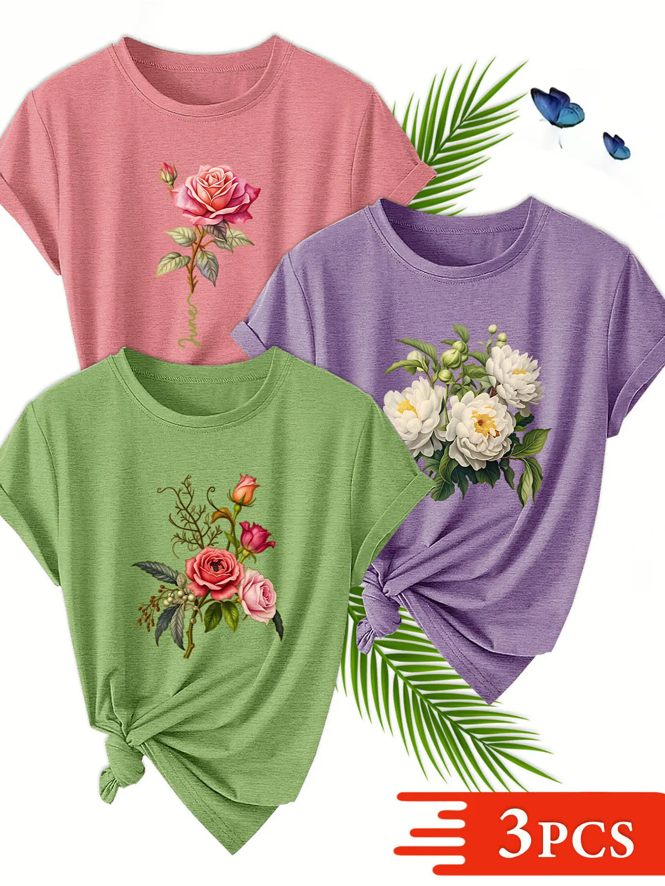 3Pcs Women Crew Neck T-Shirts With Realistic Rose Peony Floral Print, Multi Colors Available, Soft Skin-Friendly Spring Summer Tops, Machine Washable Versatile Fashion Daily Tees