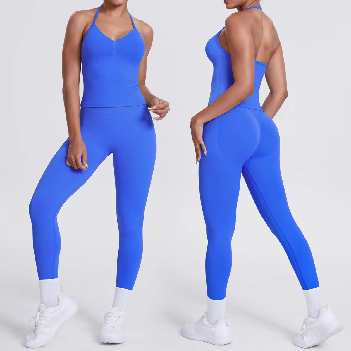 Women’s Yoga Workout Set, Ruched Halter V Neck Tank Top with High Waist Full Length Leggings, Gym Training, Running, Stretching, Dance, Lounge, Travel, Casual Wear and Everyday Athleisure Style