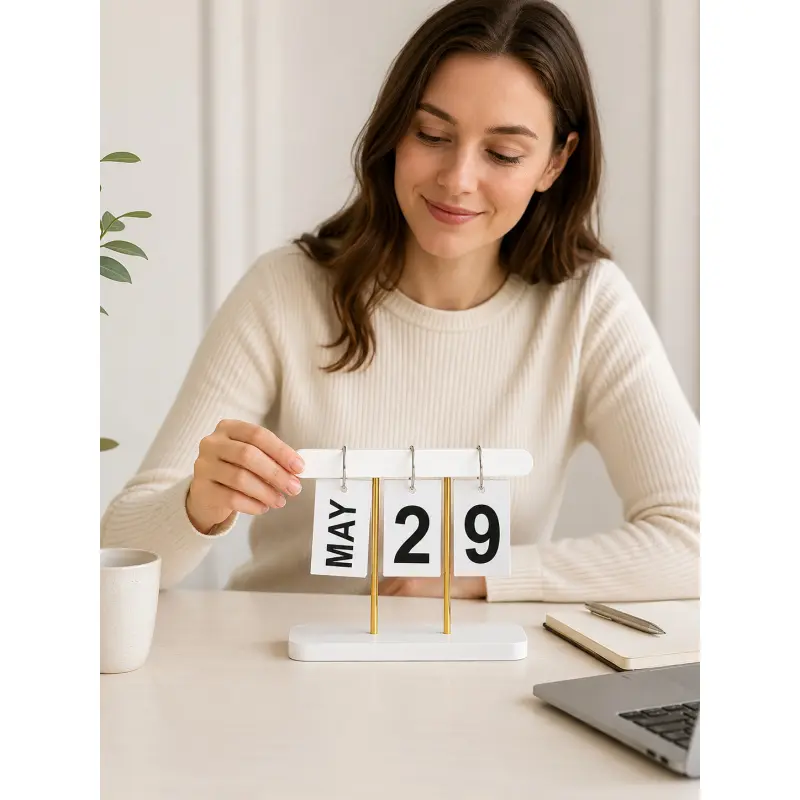 Vintage Style Wooden Desktop Flip Calendar with Minimalist Page Turning Design, Creative Home Office Desk Accessory for Apartment Dorm Room Decor, Popular Birthday Anniversary Christmas Gift for Wife Girlfriend Mom Teacher and Best Friends, Desk Calendars