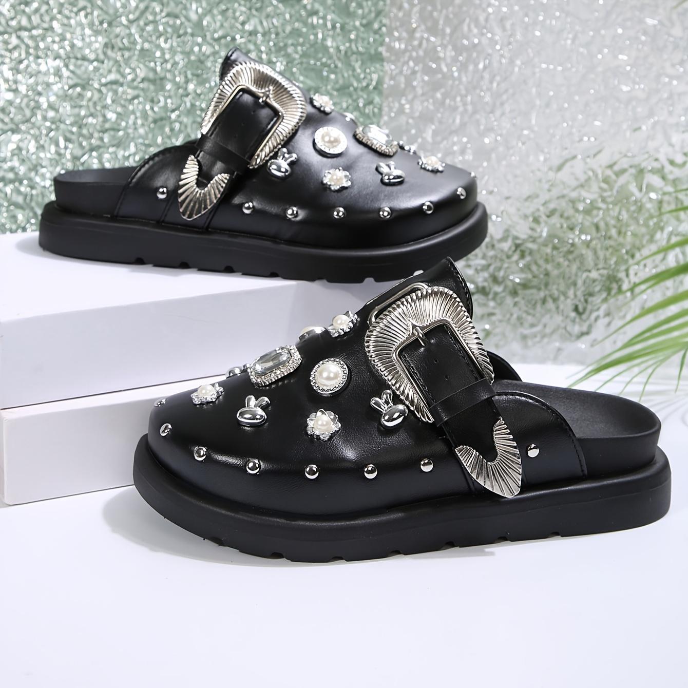 Women's Retro British-Inspired Platform Mules with Rivet Details - Slip-On, Round Toe, Faux Cover Casual Shoes