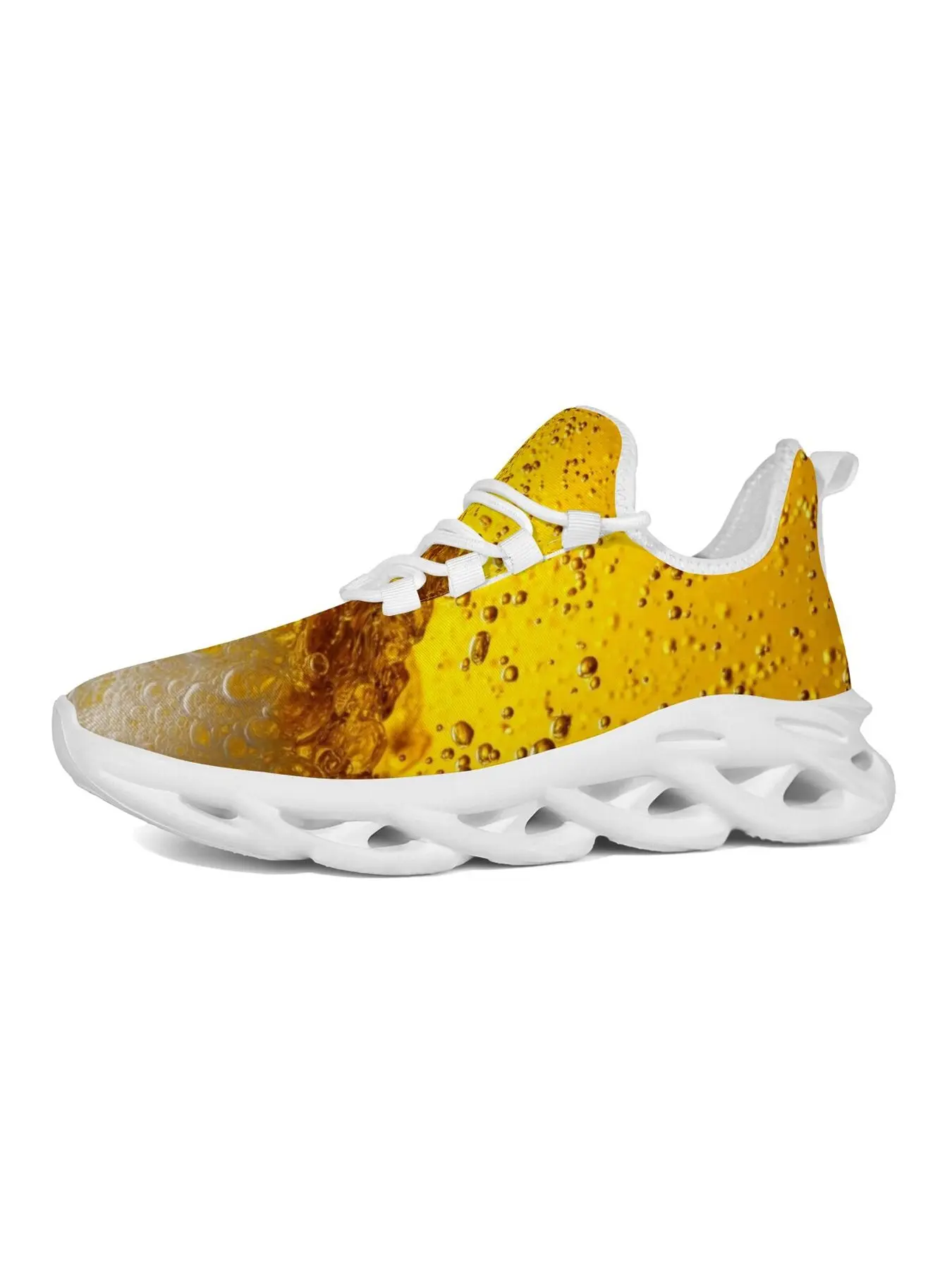 Unisex Realistic Beer Bubble Foam Print Blade Running Sneakers, White Breathable Mesh Chunky Platform Trainers, Golden Beer Liquid Texture Hollow Out Non Slip Lace Up Athletic Walking Shoes for Beer Lovers Bar Party Daily Gym Outdoor Sports