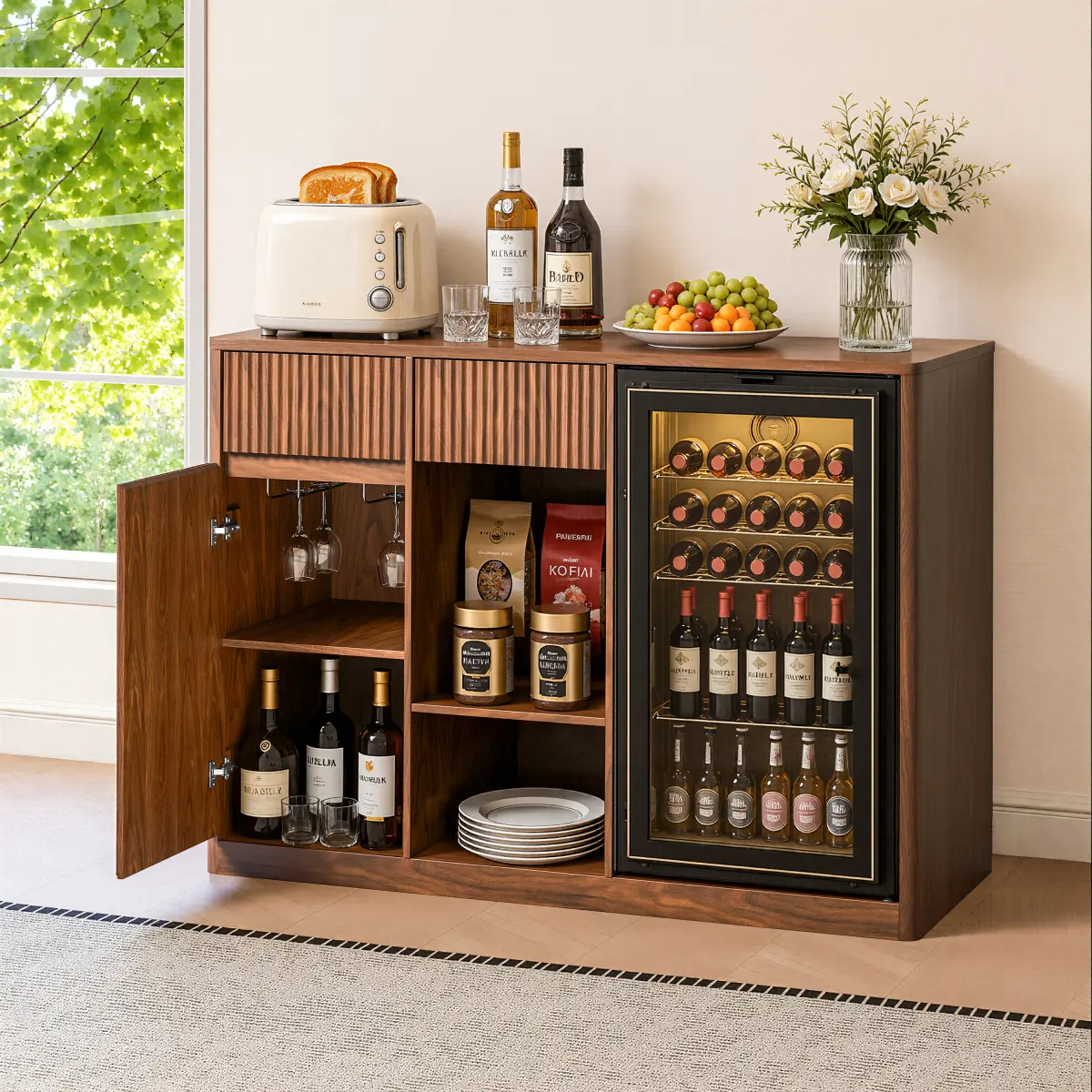 Coffee Bar Cabinet with Mini Fridge Space,Fluted Beverage Center Cabinet with Drawer & Adjustable Shelves, Buffet Sideboard Table Liquor Cabinet with Wine Rack, Glass Holder & Storage, (Walnut)