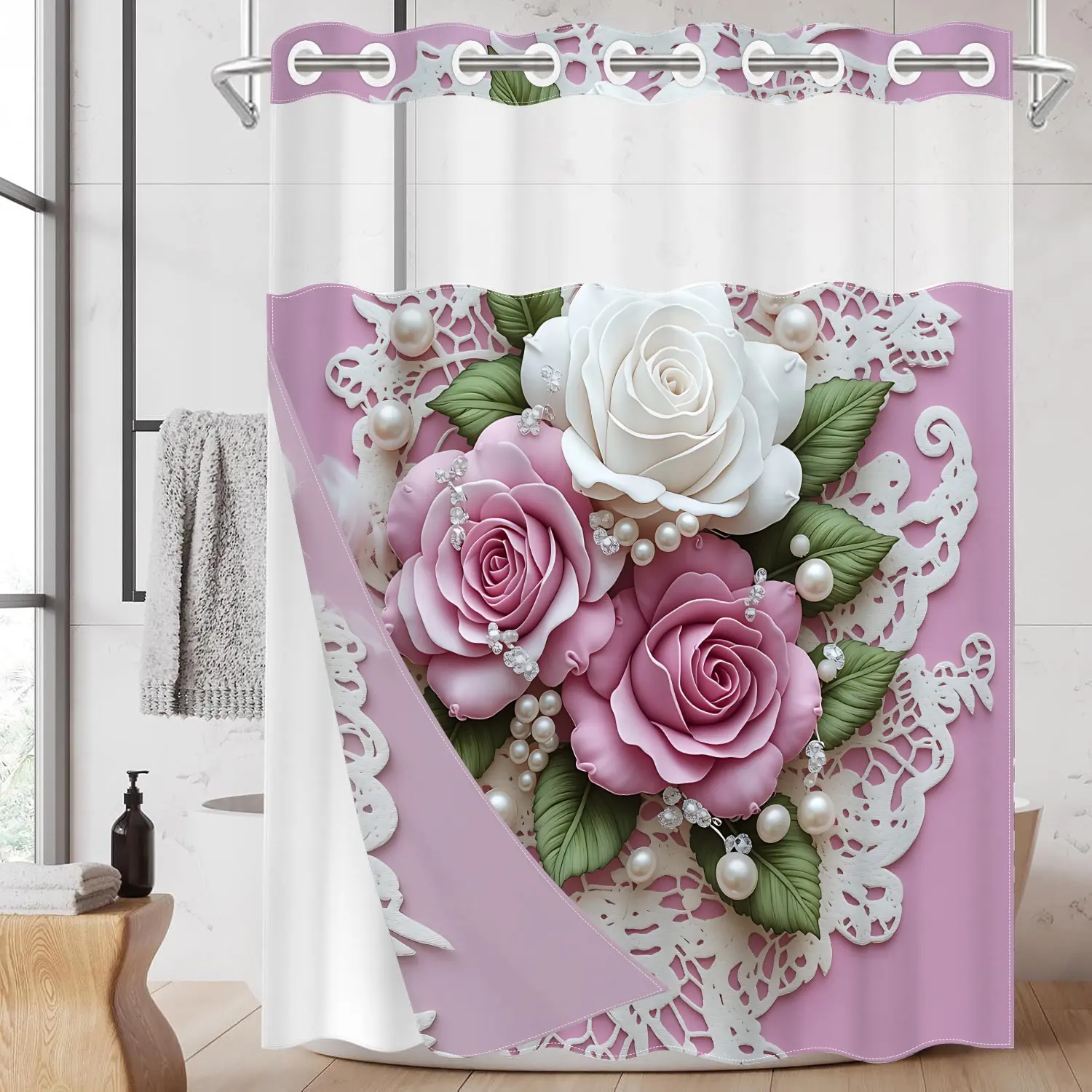 1PC/4PCS 2D Flat Printing Pink and White Roses with Lace Decoration Floral Shower Curtain, Aesthetic Decorative Flower Shower Curtain, home bathroom decor, Bathroom Accessory, shower curtain set with 12 hooks, Bathroom Accessories