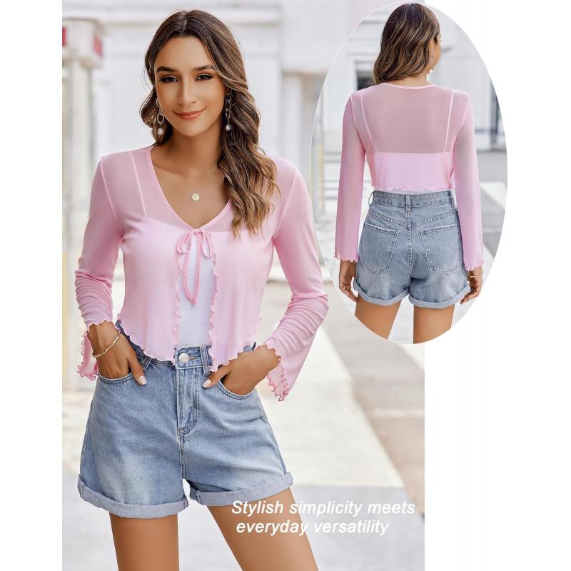 Womens Sheer Shrug Tie Front Long Bell Sleeve Mesh Bolero Lightweight Summer Casual Short Shawl Top