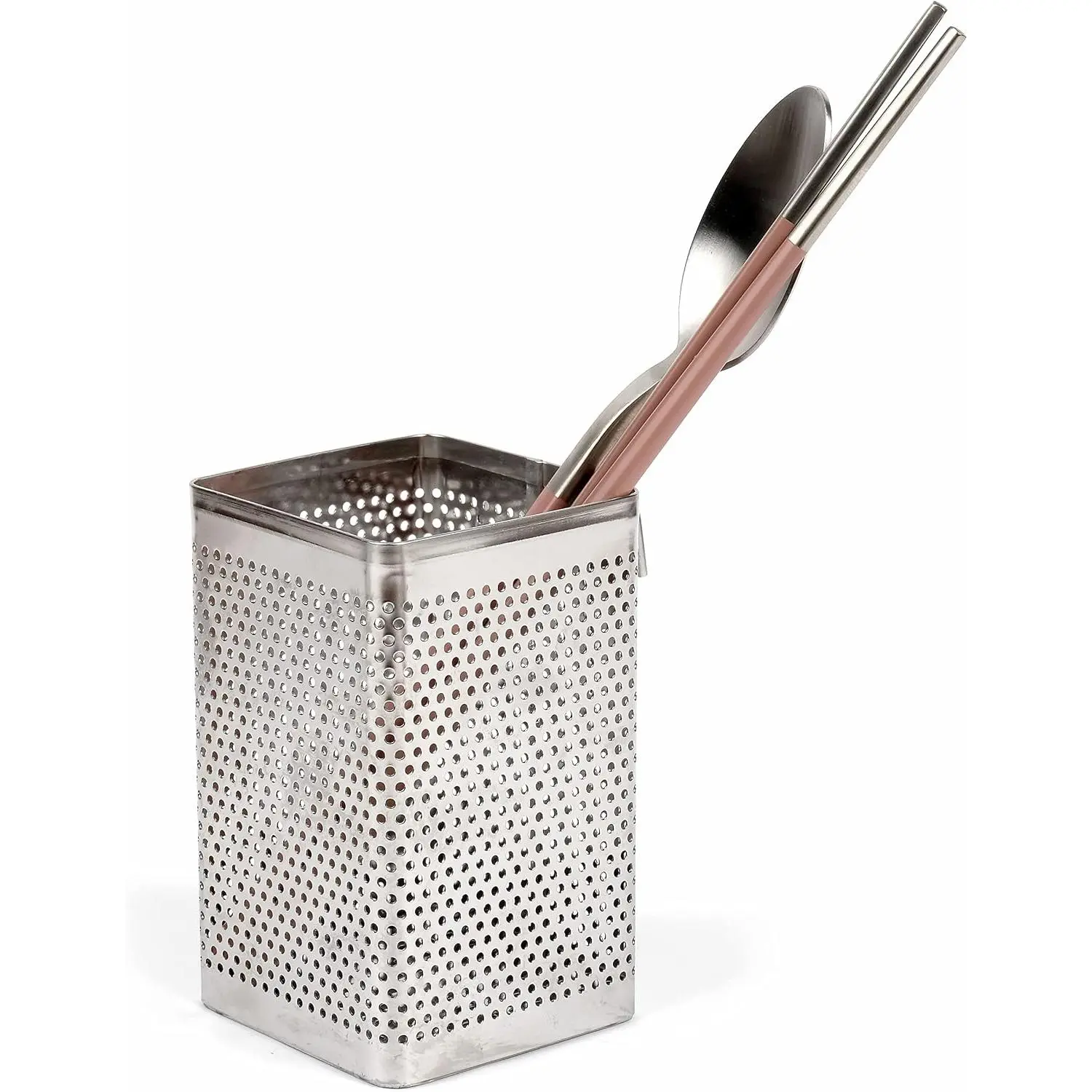 Stainless Steel Small Square Kitchen Utensil & Chopstick Holder - 2.5" x 2.5" Square Form, Drainage Holes, Hooks, Simple Look, Dishwasher-Safe Home Organizer Storage Rack