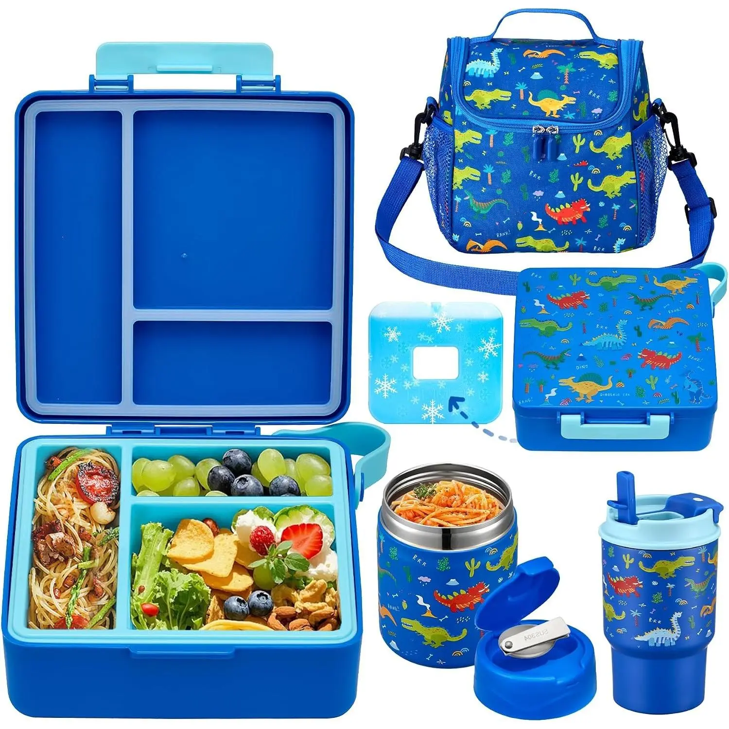 Bento Lunch Box for Kids with 17oz Soup Thermo,Insulated Tumbler Water Bottle and Insulated Lunch Bag,Leak-Proof 3 Compartment Lunch Food Container with Ice Pack for Kids to School-Dinosaur