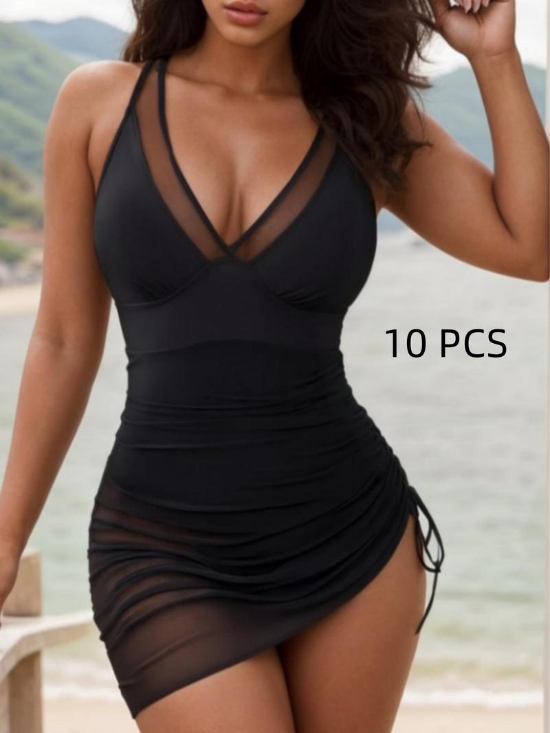 Women's Solid Color Sheer One-piece Swimsuit, Casual Sleeveless Deep V Neck Tummy Control Swimwear for Beach Holiday Vacation, Ladies Swimsuit for All Seasons, Mesh Swimsuits