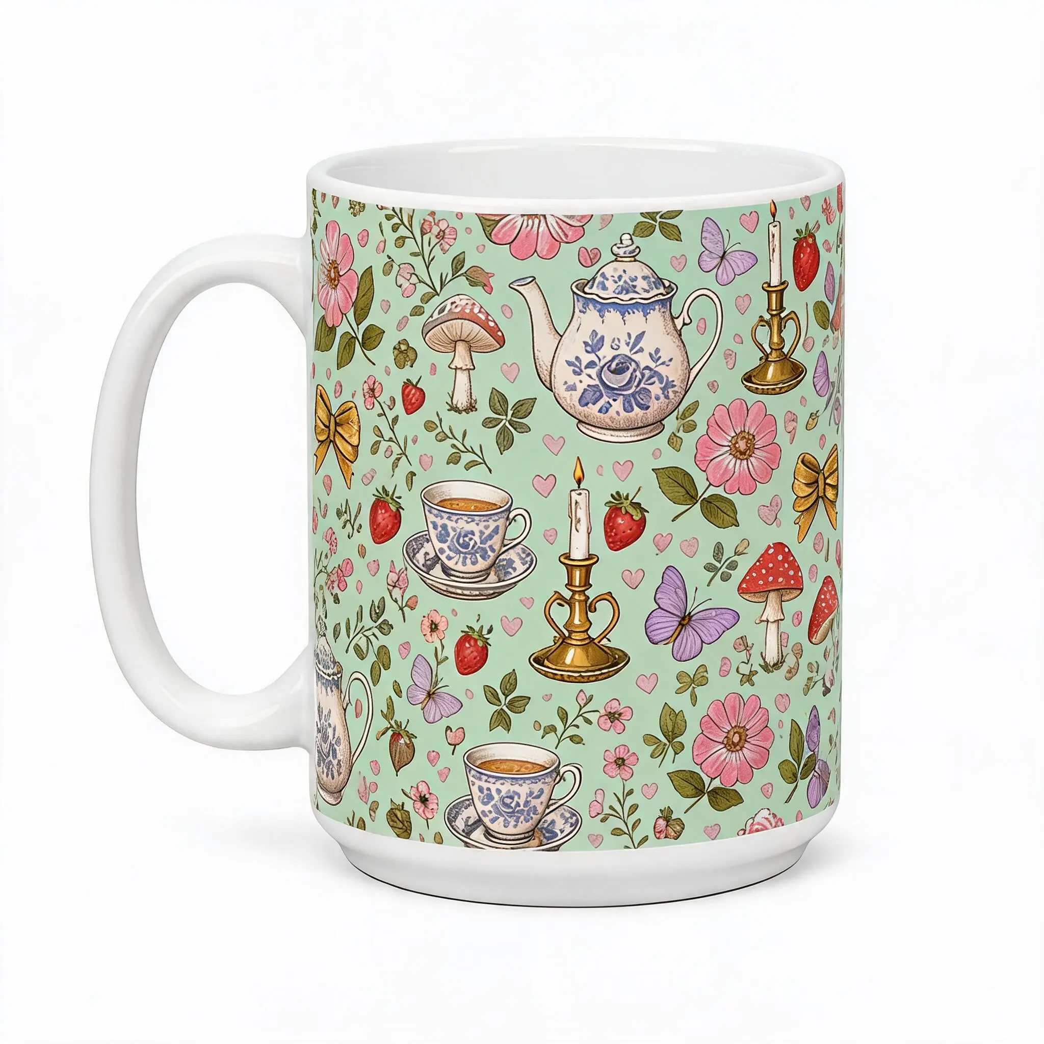 Cottagecore Coffee Mug 15oz Blue and White Teapot Strawberry Mushroom Ceramic Mug for Tea Lovers