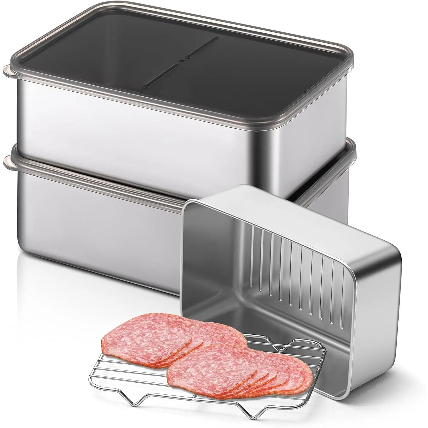 3 Set 304 Stainless Steel Containers for Fridge, with Removable Drain Tray, 60 oz Airtight  Container with  for Fruit Bacon Deli Meat  Storage(7.68 x 5.12 x 2.76 Inch)