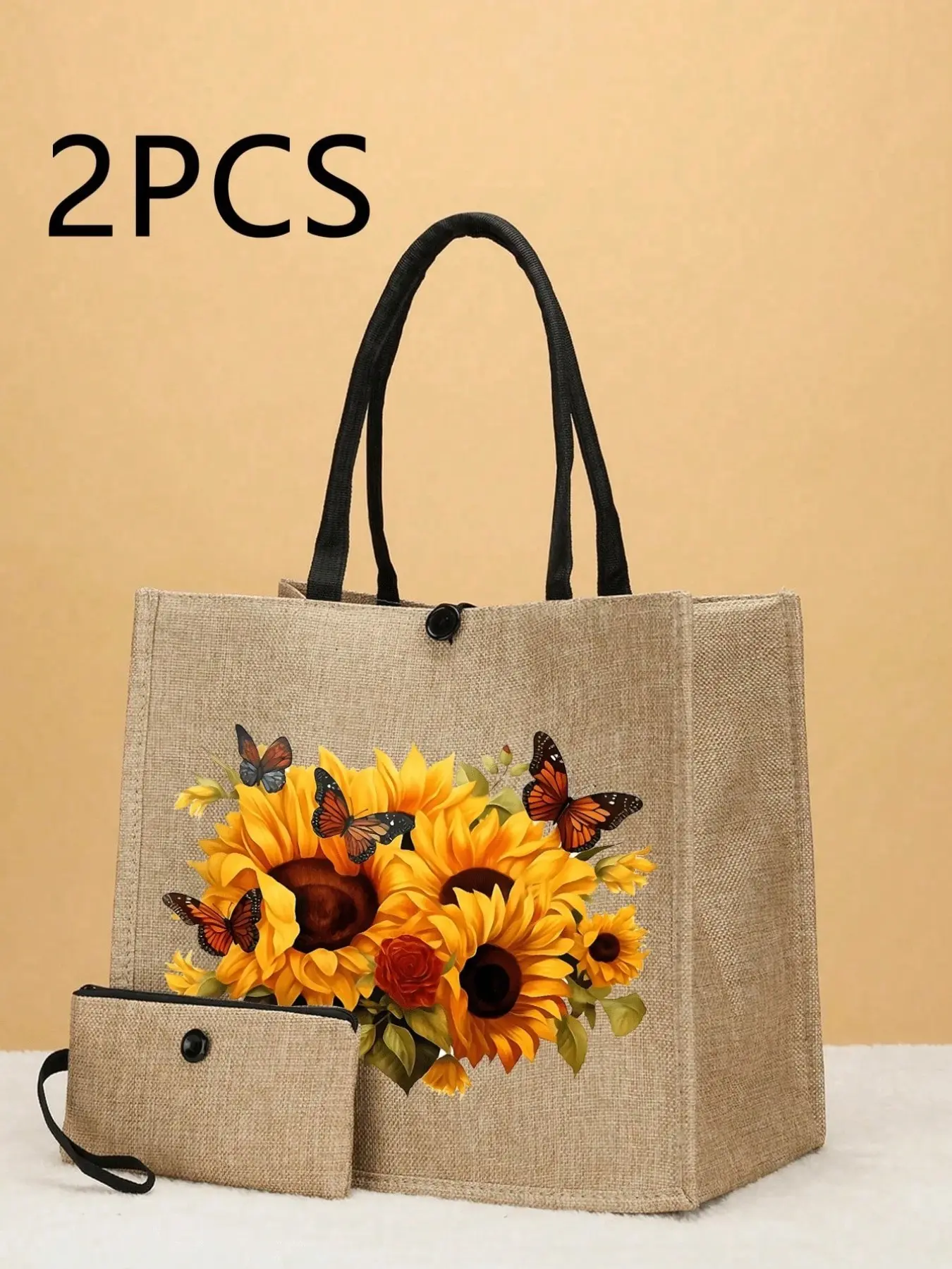 2 Piece Set Sunflower Butterfly Linen Aesthetic Tote Bag, Bohemian Style Large Capacity Handbag, Reusable Shopping Bag, Women's Gift