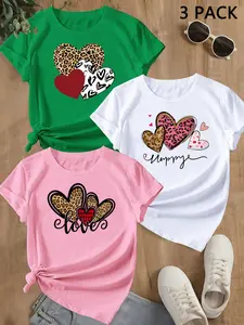 Summer Trendy Short Sleeve, Sporty Heart Print, Women's Casual Baggy Loose-Fit Round Neck Lightweight T-Shirt, Comfortable Summer Top, Perfect for Outdoor Activities