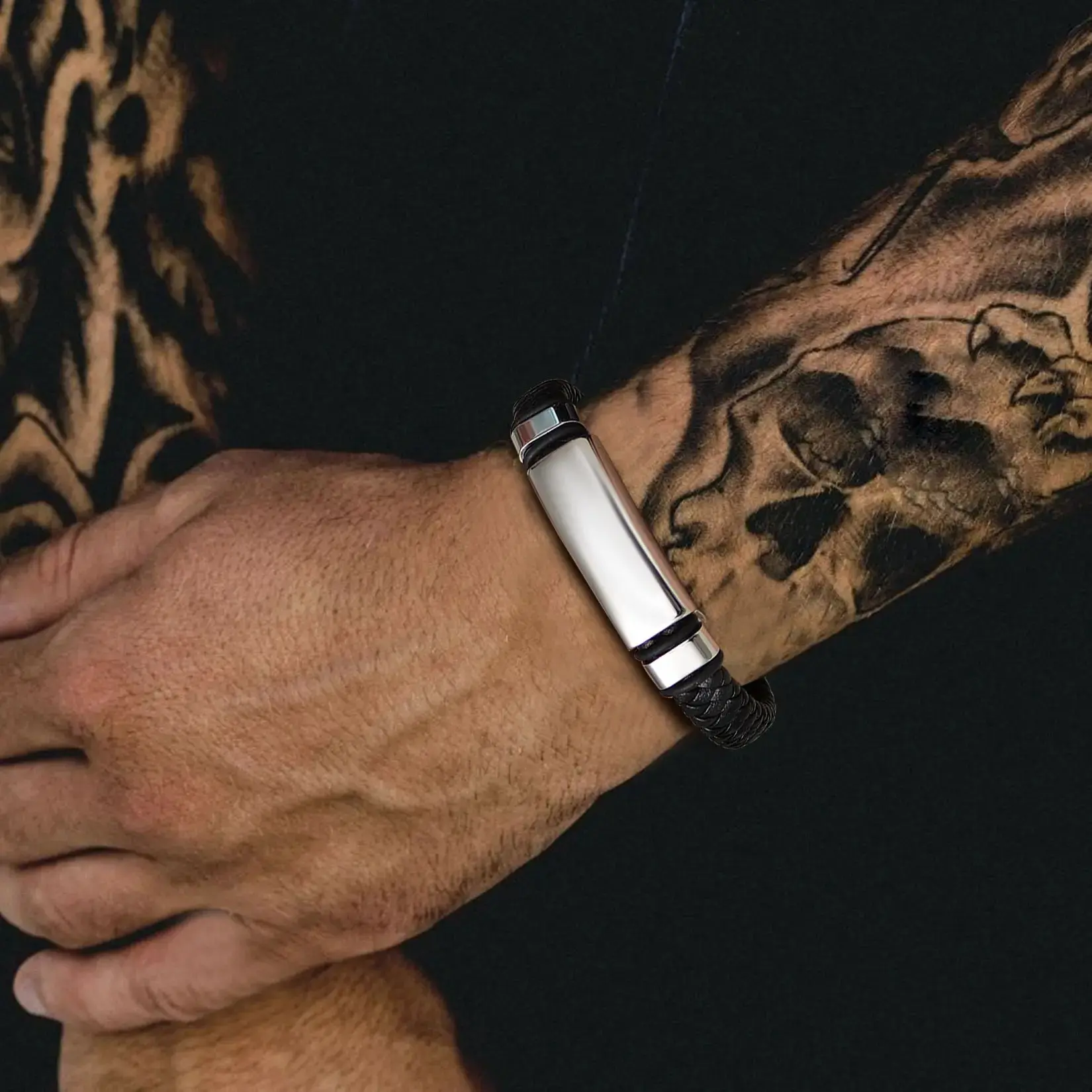 Men's stainless steel leather woven Viking plain weave bracelet