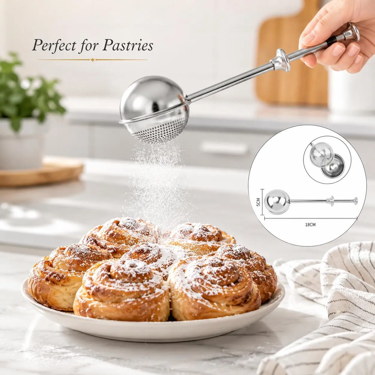 Stainless Steel Flour Duster for Baking, One-Handed Spring Handle Fine-Mesh Sifter for Powdered Sugar, Cocoa, Cinnamon & Flour, Baking Shaker for Cakes, Pastries and Bread
