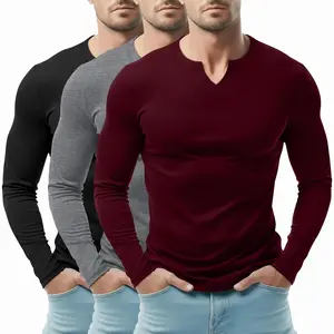 3 Pack Men's Long Sleeve T Shirts, V Neck Longline Henley Cotton Shirts Casual Muscle Tee Stretch Athletic Tops