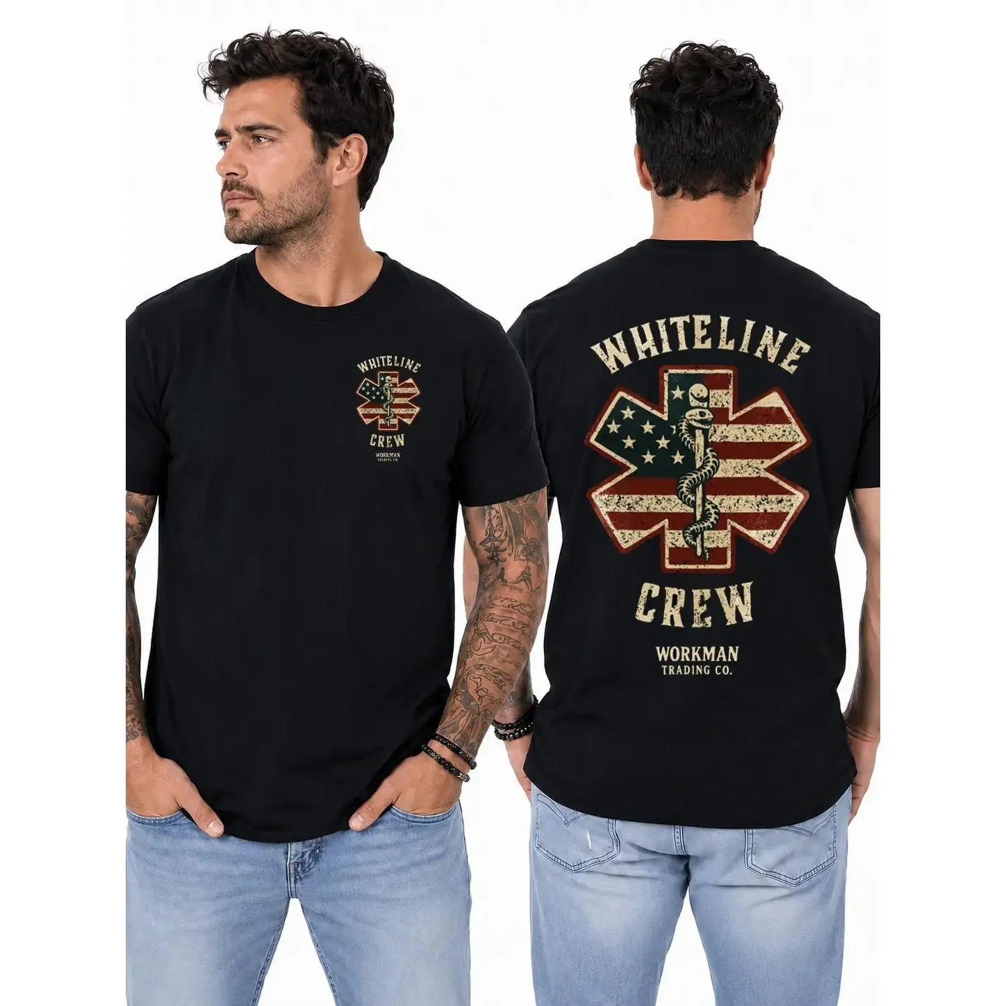 Patriotic EMS T-Shirt, American Flag Emergency Medical Emblem & Skeleton Graphic Design, First Responder Work Shirt for EMTs & Paramedics, Gift for Ambulance Crews or Emergency Medical Workers