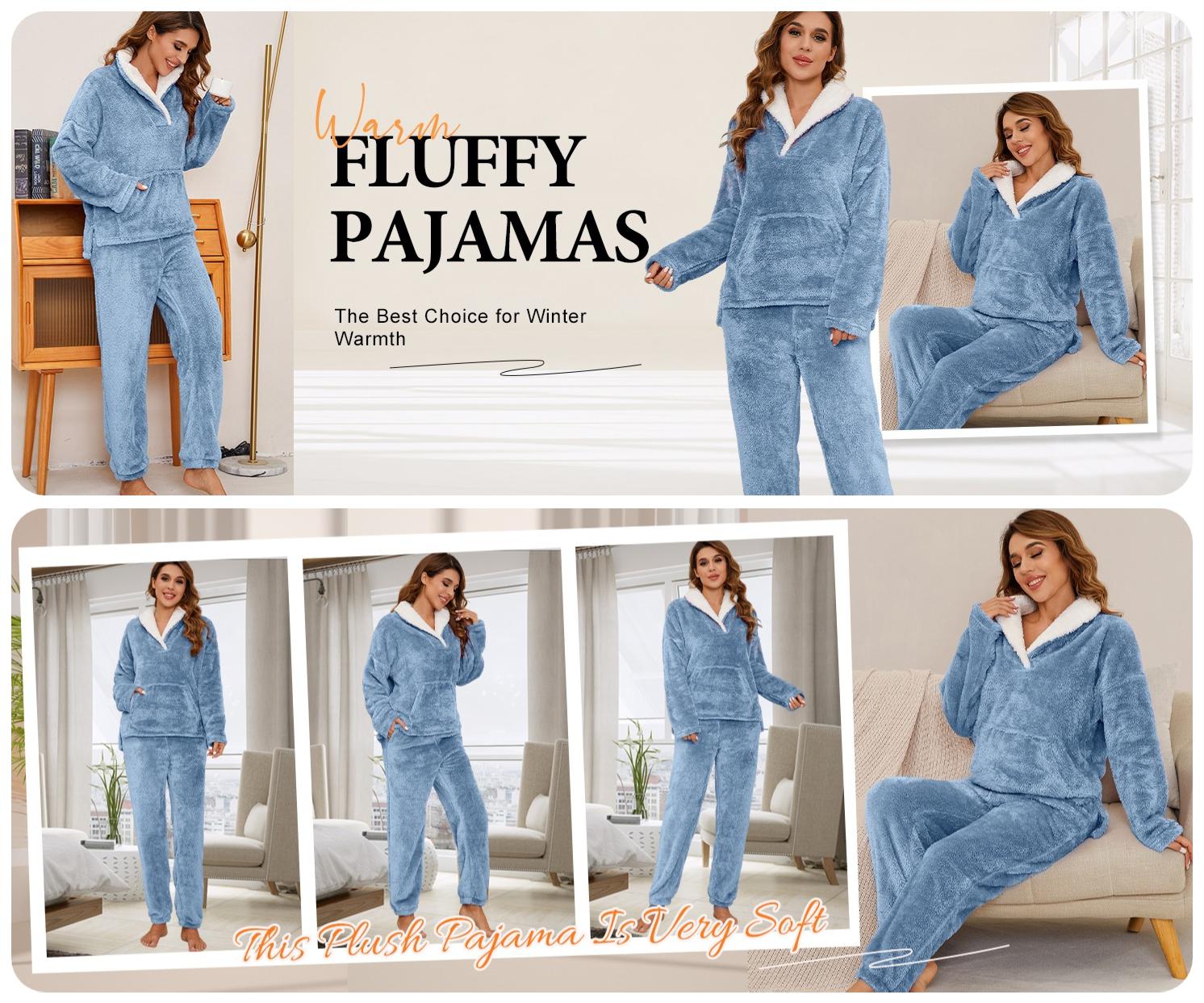 Women's Fluffy Pajama Set Fleece Pullover Pants Fuzzy Lounge Set Cozy Winter Pj Sleepwear with Pockets Long Sleeve Basic Matching Pajamas