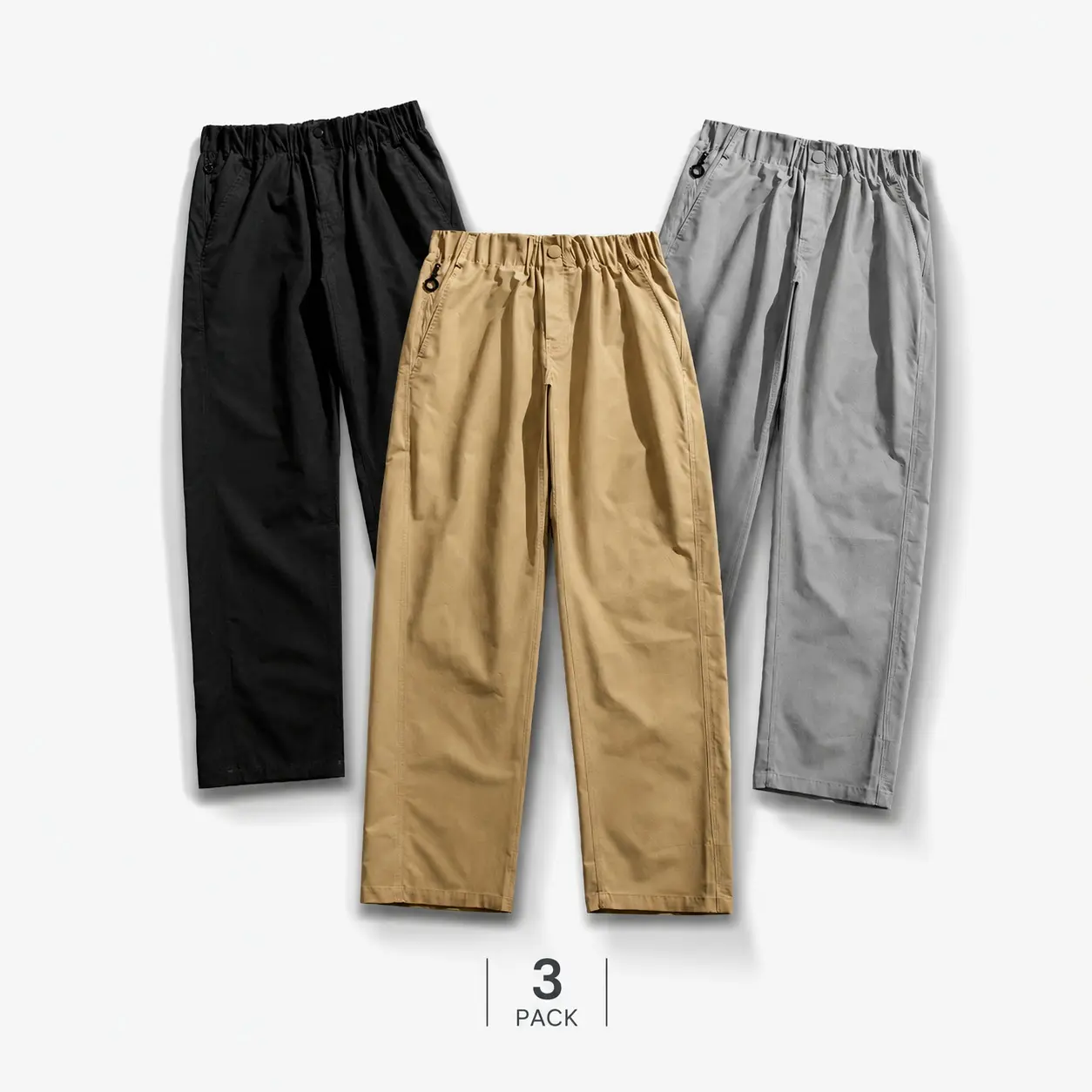 Men’s 3-Pack Lightweight Basic Plain Menswear Straight-Leg Pants Set - Elastic Waist, Zipper Pocket, Relaxed Daily Fit, Slim Design, 3Pcs Khaki + Navy Blue + Black, Simple, Polyester, All Seasons, Machine Wash, Solid Plain