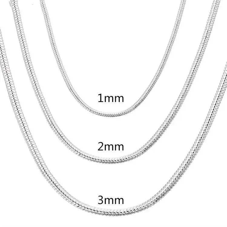 925 Sterling Silver Solid Snake Chain Necklace for Women Men, 1MM-3MM Thickness, 40-75cm Multi-Size, Everyday Wear Fashion Jewelry for Pendant