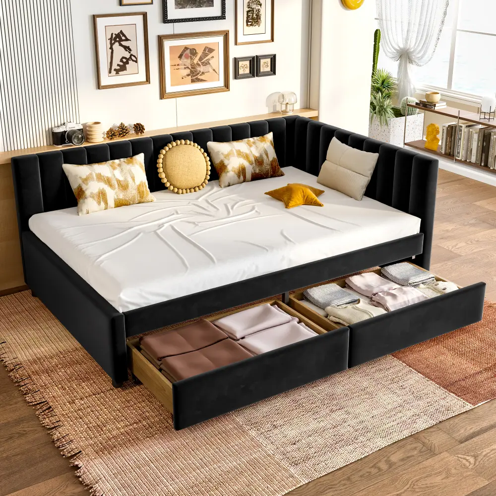 Upholstered Daybed with Storage Drawers, Corner Daybed Frame with L Shaped Headboard, Velvet Day Bed for Living Room Guest Room Bedroom, Space Saving Platform Bed with Reinforced Metal Frame