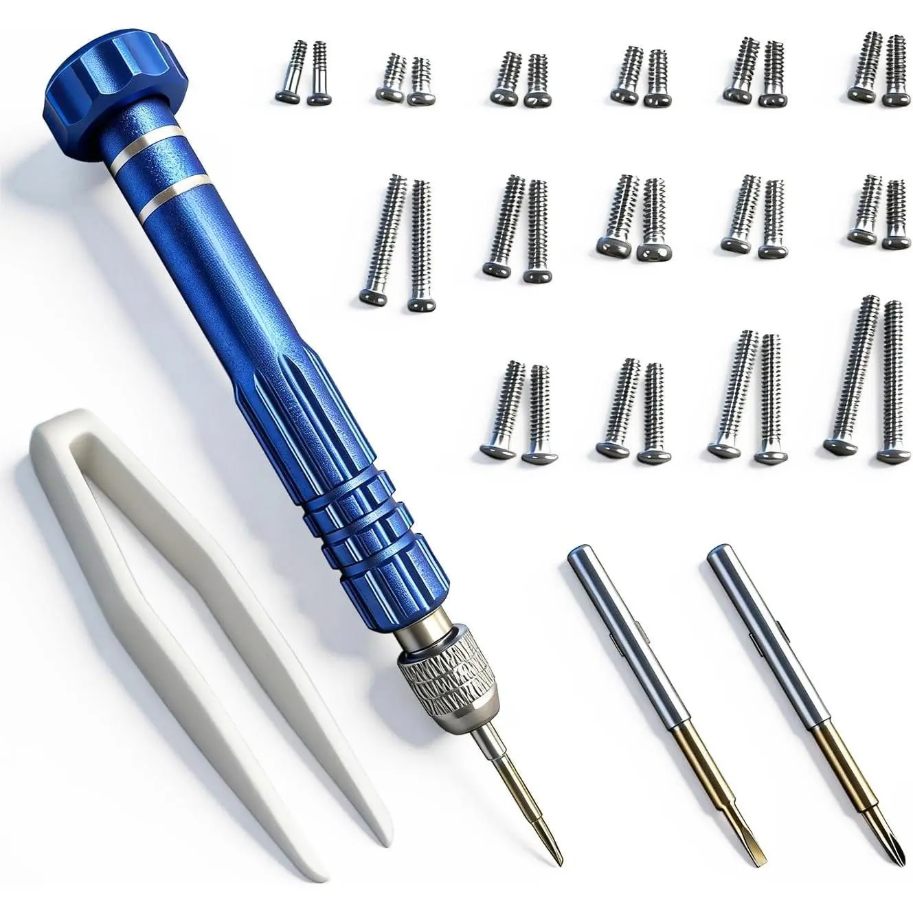 Eye Glass Repairing Kit, S2 Steel  with 15 Types of Screws, Precision Eyeglass Repair Tool Set (Blue 2in1-screws)