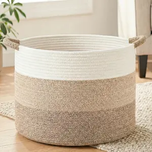 summerwins Cotton Rope Basket - 40L/70L/100L Large Boho Decorative Woven Basket, Versatile Storage for Living Room Blankets, Kids' Toys, Laundry & Nursery (Brown Yellow)