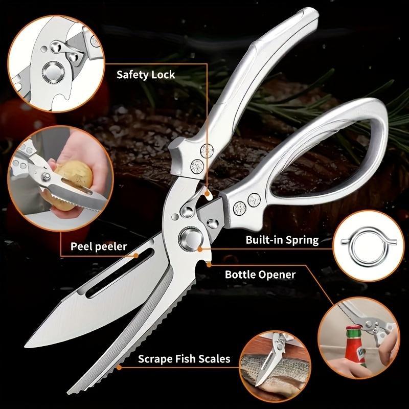 1pc Heavy-Duty Stainless Steel Automatic Kitchen Shears with Ergonomic Non-Slip Grip & Locking Mechanism - Professional Chef Scissors for Meat, Vegetables, Fish, Poultry, Food-Safe Cooking Tools, Kitchen Essentials | Modern Kitchenware | Durable Con