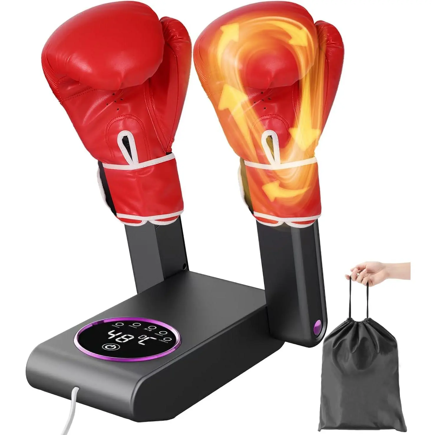 Boxing Glove Dryer with Smart Display & Storage Bag, Portable Glove Dryer & Moisture Remover, Constant Temperature Punching Gloves Dryer with Adjustable Heat & Timer for Home Gym Black