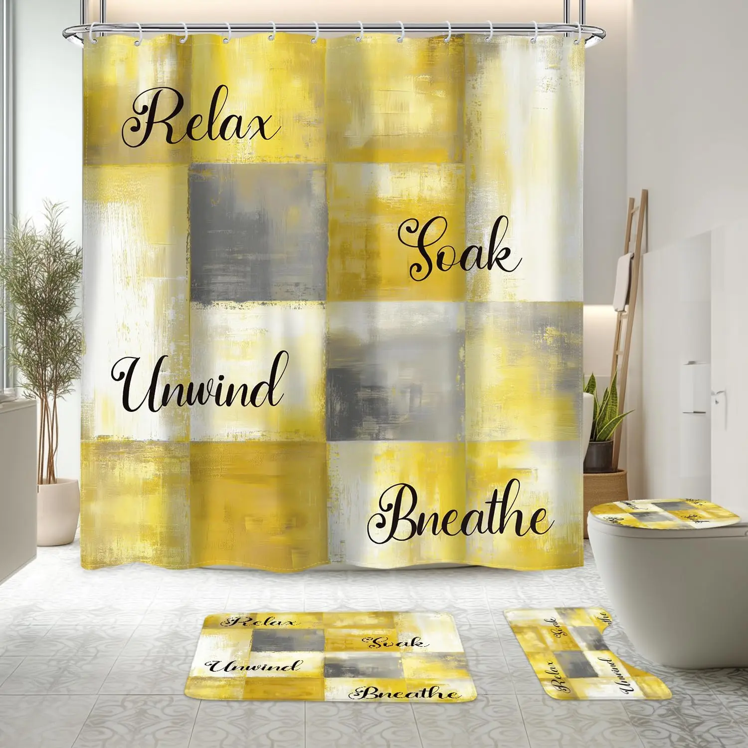 KOMLLEX 4Pcs+Hooks 72x72in Polyester Yellow Grey Abstract Plaid Waterproof Fade-Resistant Shower Curtain Set, Plastic Toilet Lid Cover, Bath Mat, Rustic Geometric Vintage Farmhouse Bathroom Decor for Girls