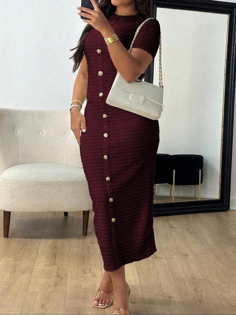 Women's Plain Zipper Back Round Neck Dress, Casual Fake Button Decor Short Sleeve Crew Neck Dress for Daily Wear, Ladies Clothes for All Seasons, Formal Wear