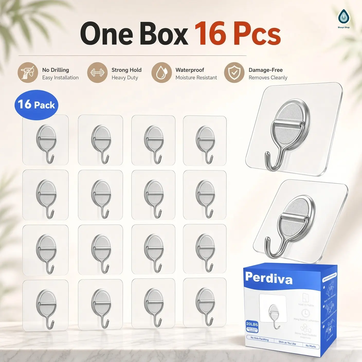 16-Pack Removable Adhesive Wall Hanging Hooks, 20lb Heavy-Duty Hold, Reusable Waterproof Indoor/Outdoor Hooks, Damage-Free for Tile, Glass, Wood Surfaces, Ideal for Home Storage Organization