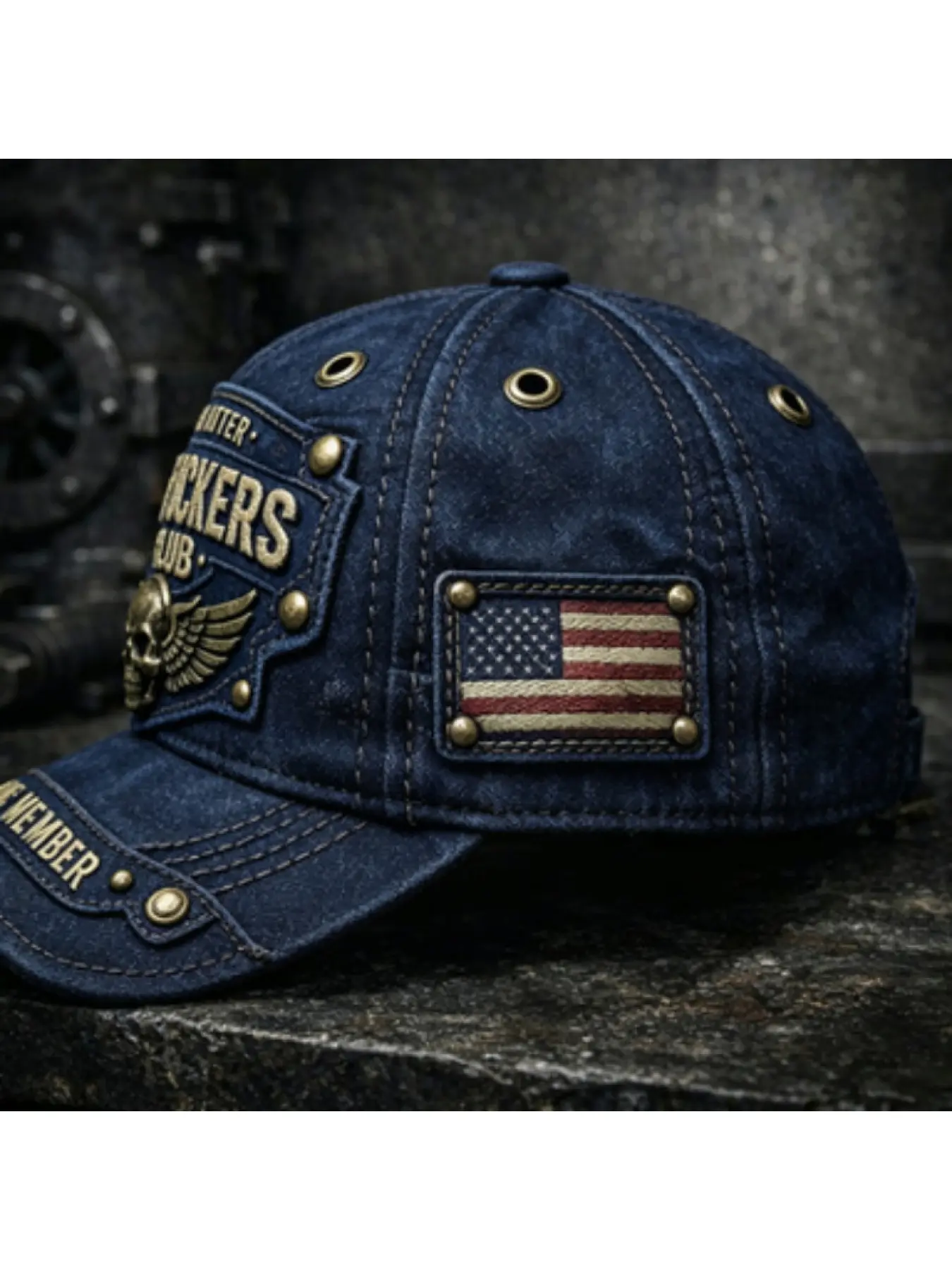 American retro washed distressed biker skull baseball cap
