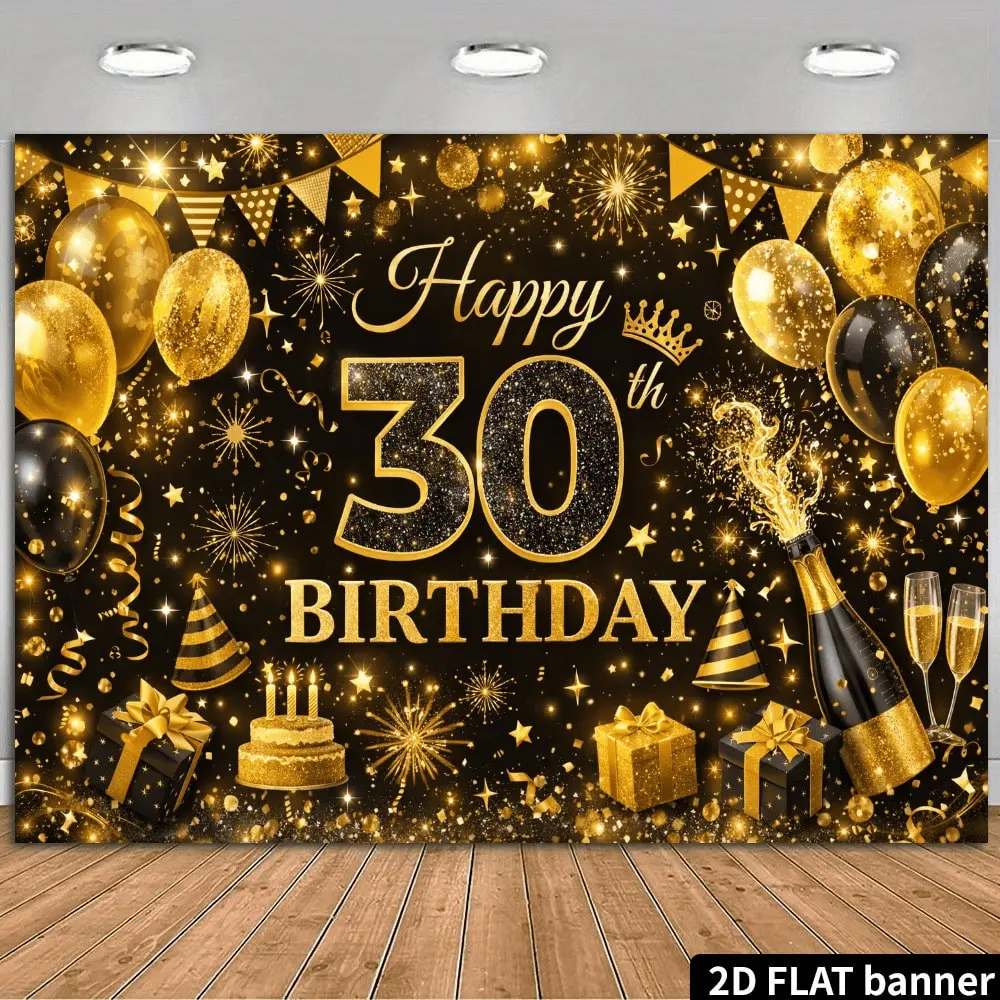 30th Birthday Black Gold Backdrop Banner - Premium Lightweight Polyester Home Decor Tapestry, Party Decoration, Photo Booth Prop, Wall Hanging, Luxury Celebration Gift, Artwork for Anniversary Events, Room