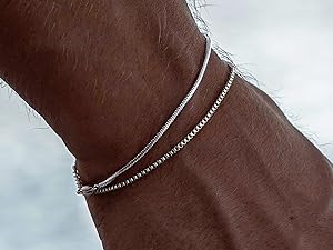 FREEKISS Layered Bracelet For Men Boys Sterling Men Bracelet Dainty Set 2mm Snake Box Chain Link Braclets 6.5-9 Inch Silver Gift For Men Boys  For Christmas Stack summerwins