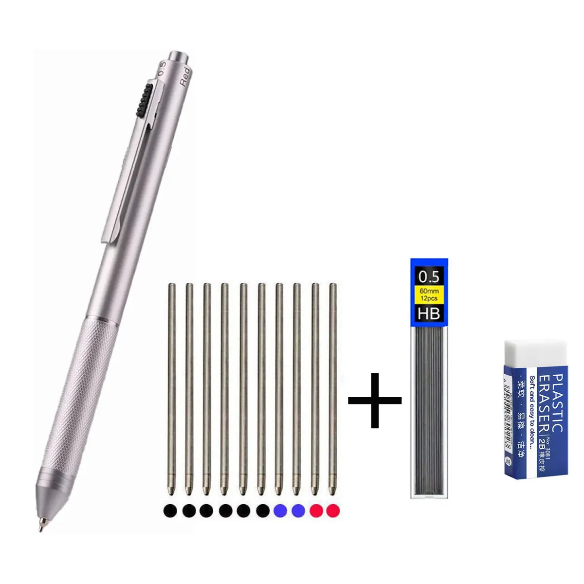JOMPENS 4-in-1 Multifunction Ballpoint Pen Set, Blue Gravity Sensing Pen with 10 Replacement Refills (6 Black, 2 Blue, 2 Red), 0.5mm HB Mechanical Pencil Lead Refill Box and Eraser, Writing Supplies for School and Office