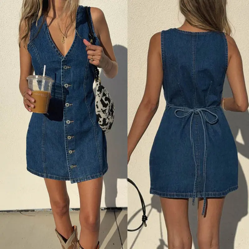 Women's Casual Sleeveless Denim Dress - 2026 Spring/Summer Collection, Button Front, Tie-Back Waist, Vintage Lady Clothes, Denim Dresses