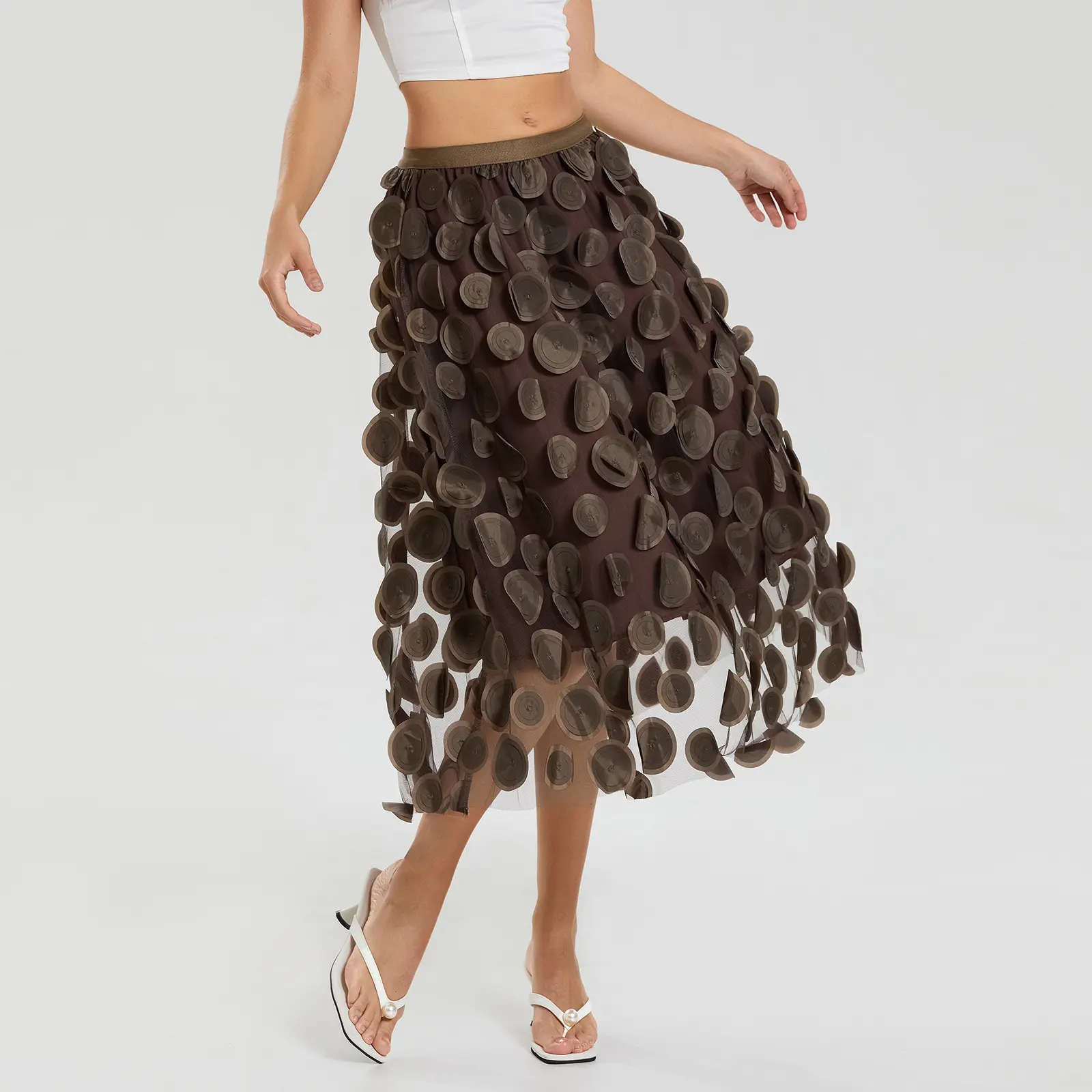 Women Tulle Tutu Skirt Solid Color 3D Dot Elastic Mesh Fairy A-Line Skirt for Beach Party Streetwear