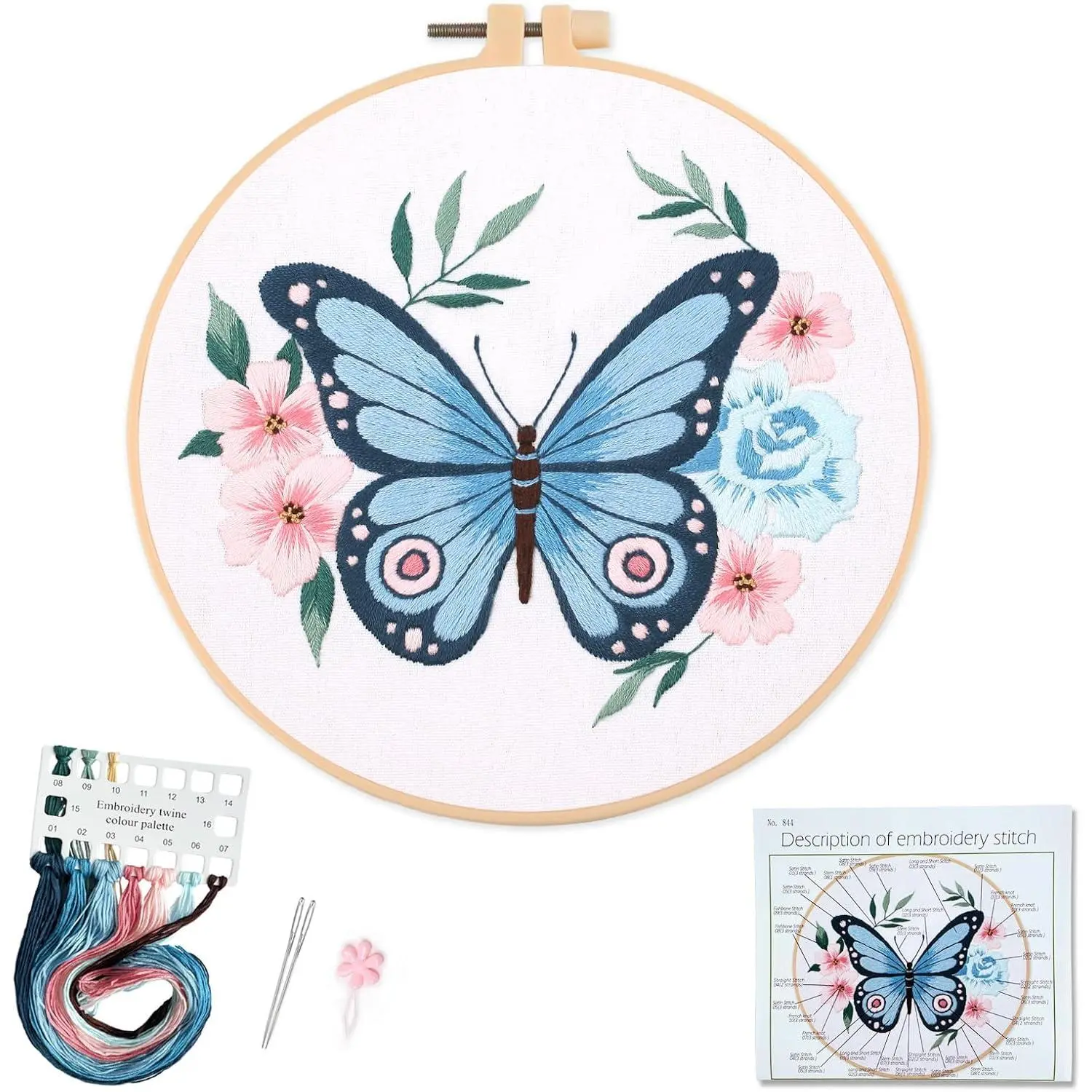 Blue Butterfly Embroidery Kit for Beginners – Complete DIY Stitching Craft Set with Pre-Printed Fabric, Hoop, Threads & Video Tutorial – Ideal for  Decor &  Gifts