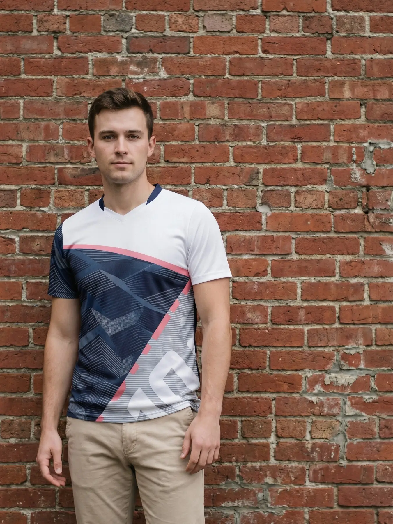 Geometric Split Quick-Dry Sports Shirt, Breathable V-Neck Football Badminton Training Top, Casual Slim-Fitting T-Shirt