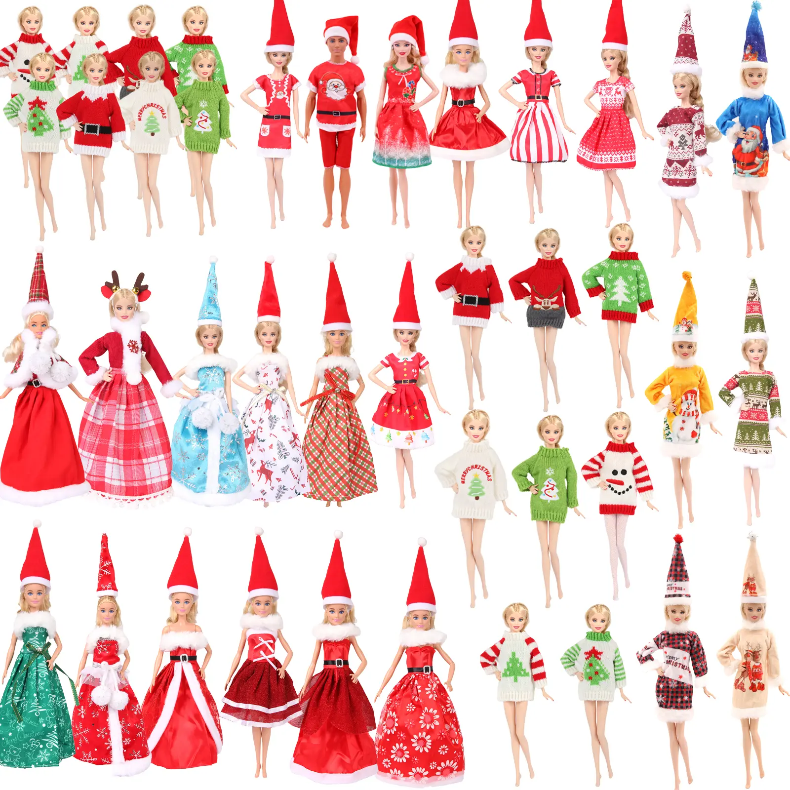 5 Christmas-themed clothing items, Christmas gifts, assorted styles, doll outfit set (doll not included).