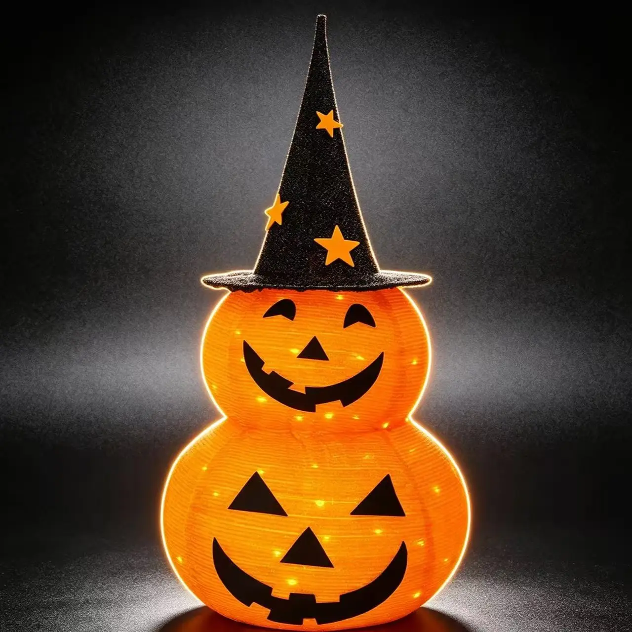 Collapsible Stacked Pumpkin Halloween Decor, Stretchable Jack-o'-Lantern with Witch Hat, 100 Warm White LED US Plug Light for Yard, Garden, Porch, Party Decor