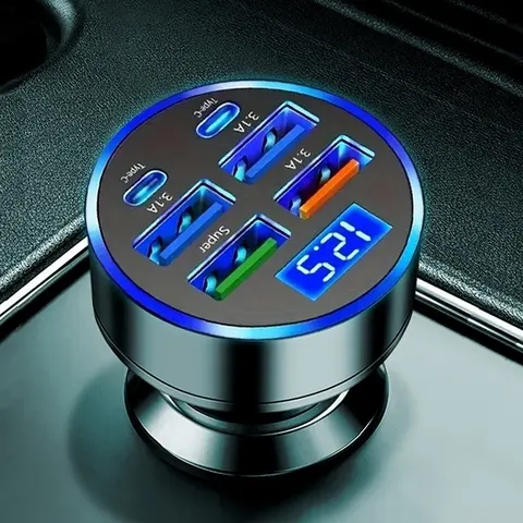 USB-C 3.1A Car Charger, 6-Port USB & Type-C with One Super Fast Charging Port, Multifunctional Digital Display Car Phone Charger, Car Charging Hub