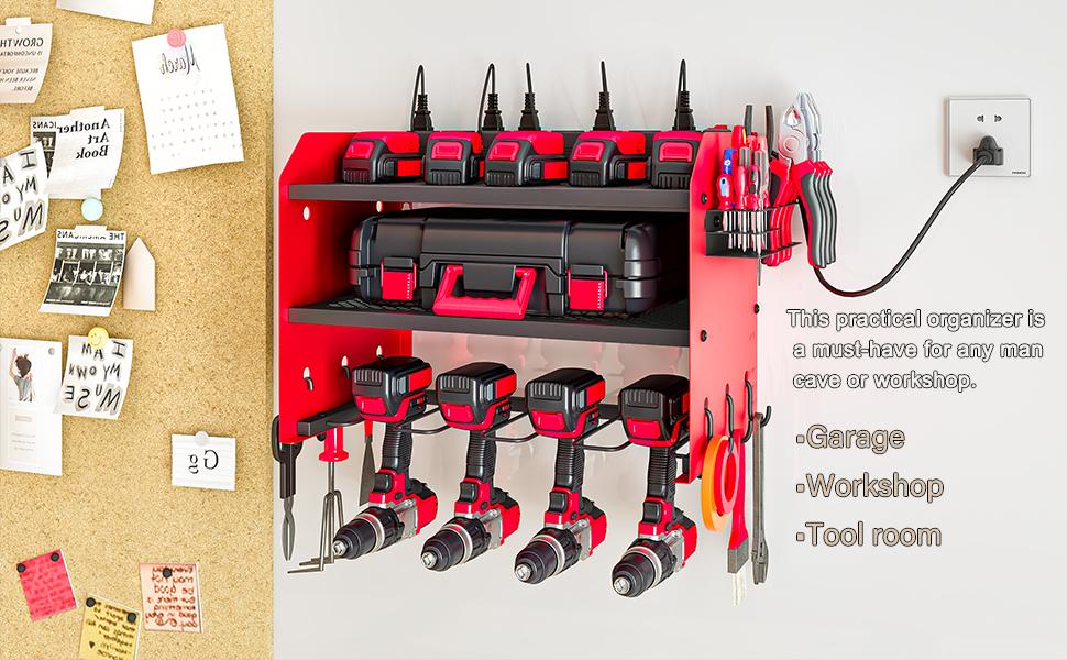 Power Tool Organizer Wall Mount with Charging Station 3 Layer Heavy Duty Metal Tool Storage Rack with 4 Cordless Drill Holder Utility Rack with 8 Power Strip