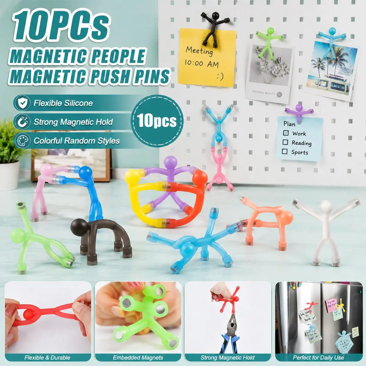 10PCS Magnetic People Fridge Magnets, Refrigerator Magnets Set, Colorful Silicone Magnet Men Push Pins with Embedded Strong Magnets, Cute Magnetic Figures for Refrigerator, Whiteboard, Memo Photo Holder and Party Gift