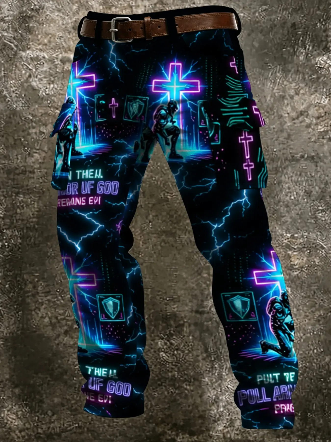 Punk Fluorescent Functional Casual Pants, Neon Cross and Warrior Pattern, Side Pockets, Long Trousers, Fall & Winter Fashion